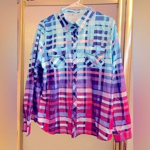Ombré Plaid Polyester Button-down Long Sleeve Shirt Size L